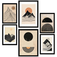 POSTER Set Mit 6 Geometrische Berge Vintage Braun Schwarz & Erdtöne A3 & A4 Schwarzer Rahmen - Schwarz, Papier (29/3cm) - Nacnic