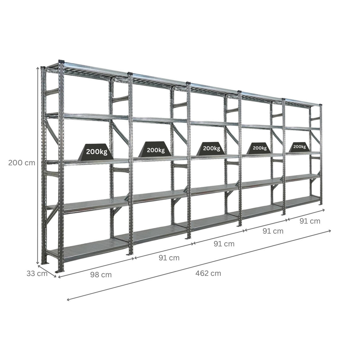 FACHBODENREGAL PROXIMO 200x450x32cm 5 Ebenen Beidseitig nutzbar Verzinkt - Silberfarben, Metall (450/200/32cm) - PROREGAL