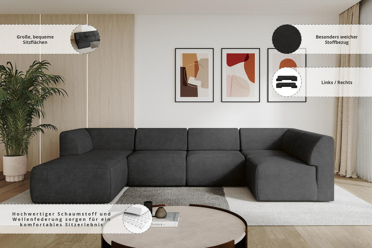 WOHNLANDSCHAFT Ottomane Links MOVA 345x180x78 Schwarz Samt - Schwarz, Holzwerkstoff/Kunststoff (180/78/345cm) - ALTDECOR