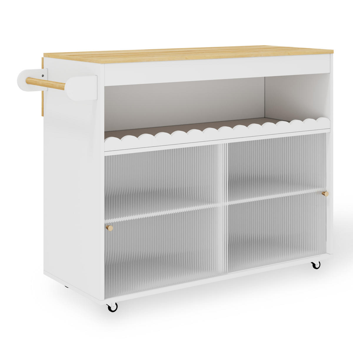 KÜCHENINSELWAGEN mit klappbarer Arbeitsplatte 122 x 46(69) x 91 cm Weiß/Natur - Weiß, Holz (46/91/122cm) - Beauniv