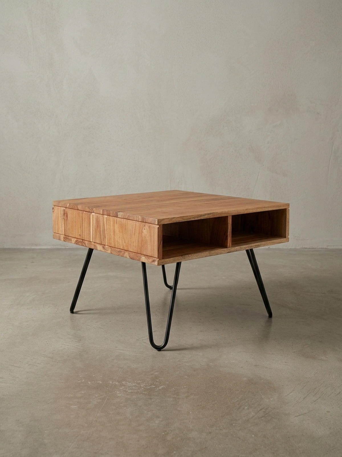 COUCHTISCH aus massivem Akazienholz mit Metallgestell und Stauraum im modernen Design - Beige/Schwarz, Holz/Metall (60/60/40cm) - KADIMA DESIGN