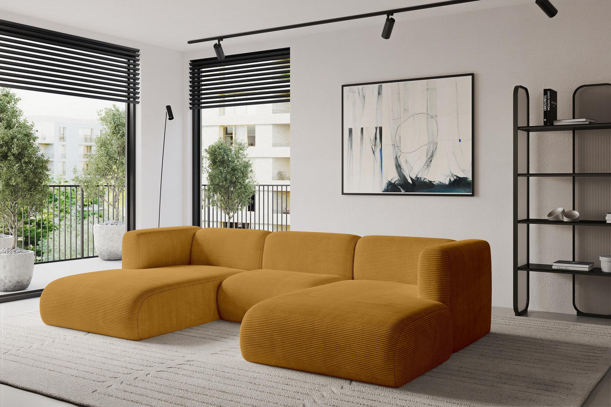 WOHNLANDSCHAFT MIRA-U1 317x179x70 Senfgelb Cord - Currygelb/Schwarz, Holzwerkstoff/Kunststoff (317/70/179cm) - ALTDECOR