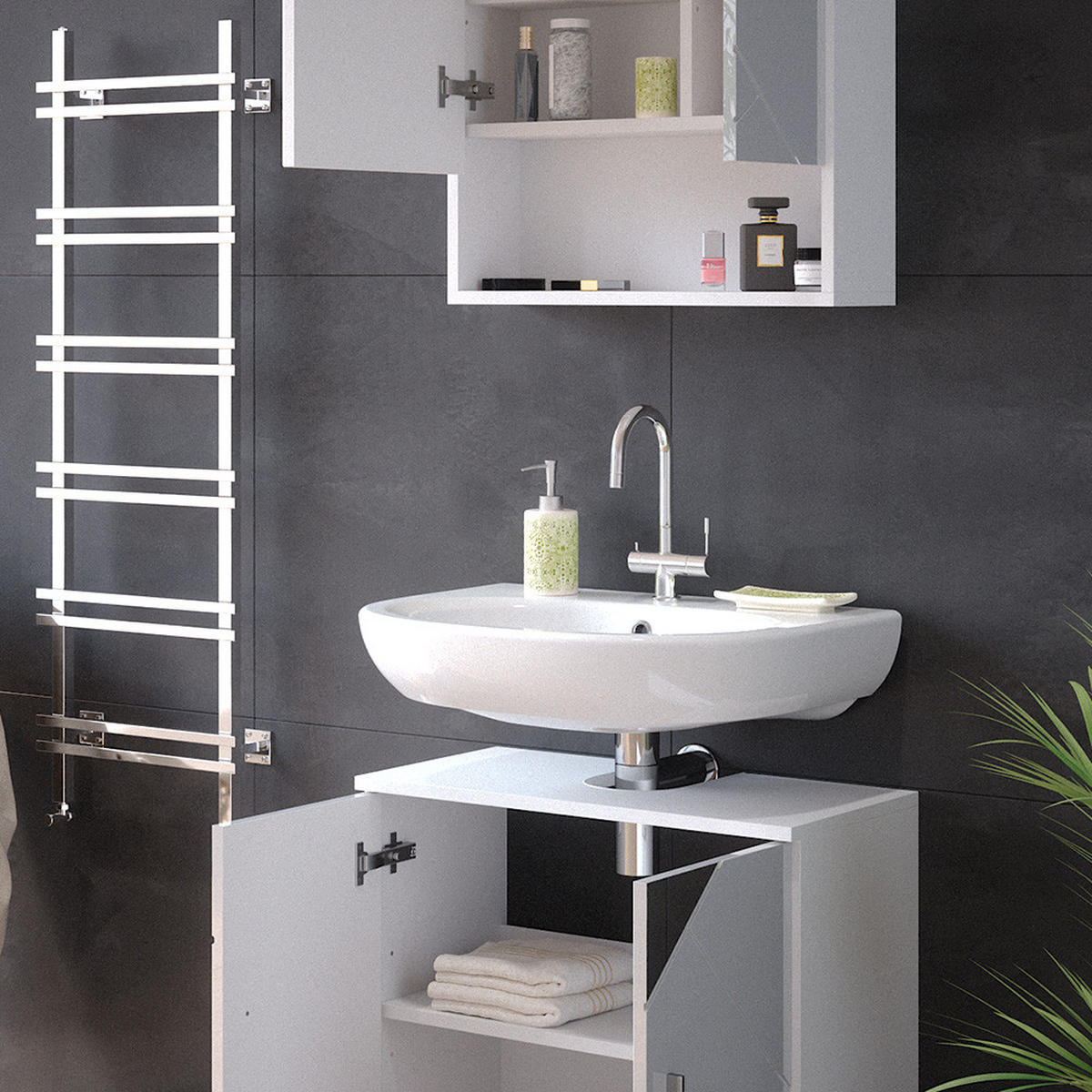BADMÖBEL-SET Irma Weiß 2 Teile, Unterschrank 60 cm - Weiß Hochglanz/Weiß, Holzwerkstoff (80/58.6/41cm) - Vicco