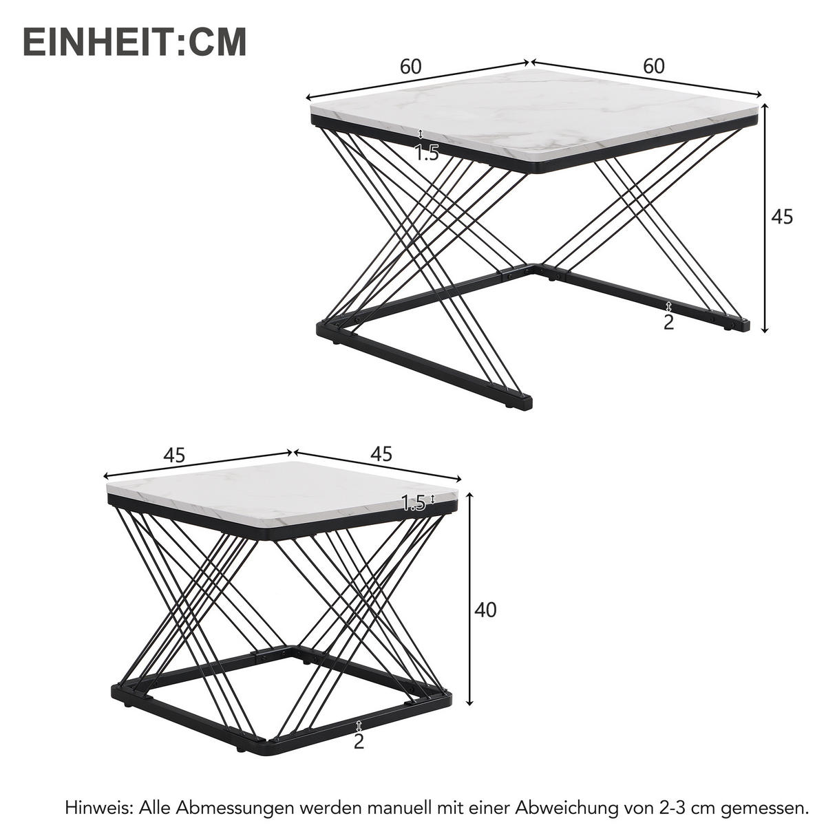 KONFERENČNÍ stolky, sada 2 ks, 60/60/45 a 45/45/40 cm, MDF bílá/černá v mramorovém vzhledu - černá, kompozitní dřevo (60/60/45cm) - BEAOK