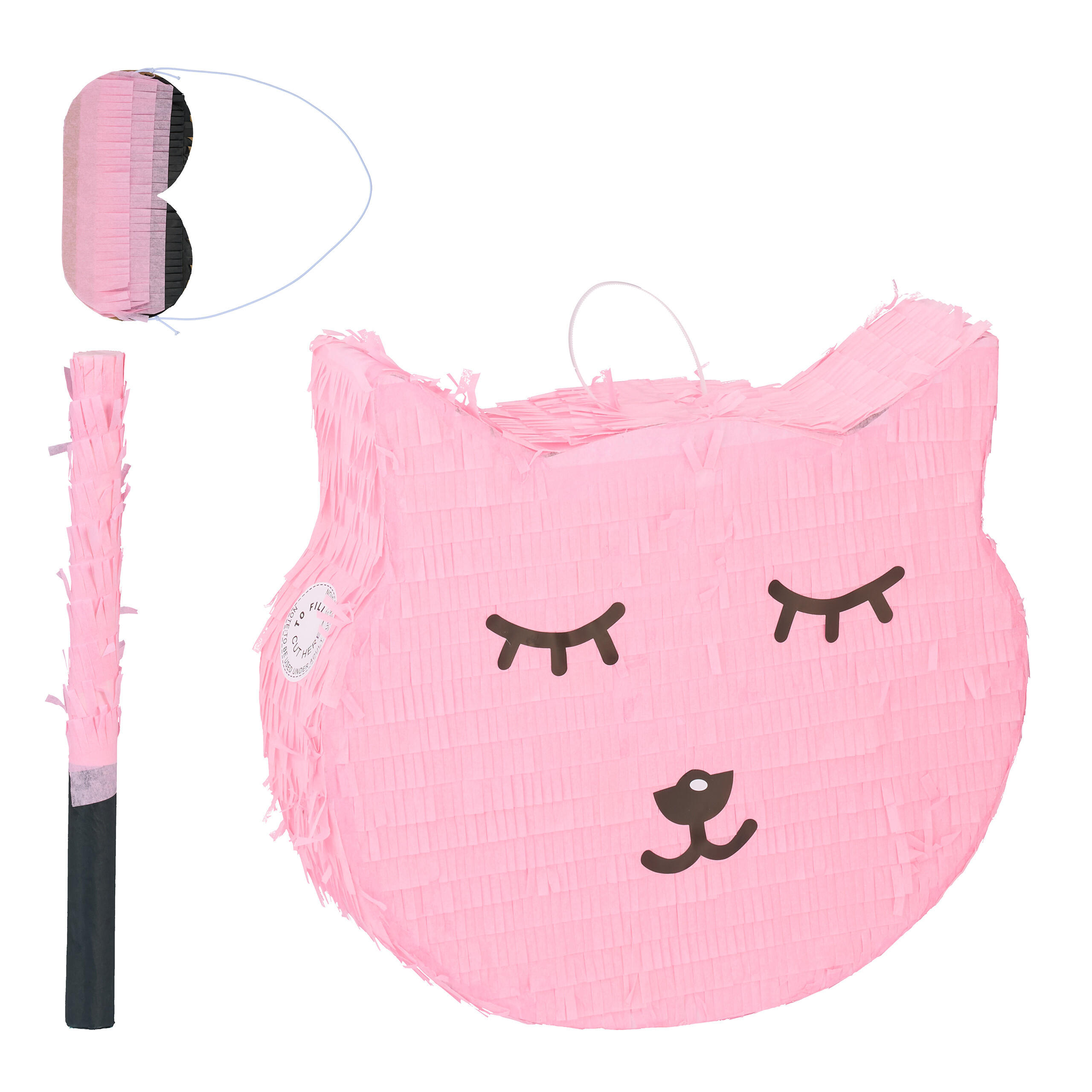 Relaxdays PINATA Růžová kočka 3-dílná sada s holí a maskou