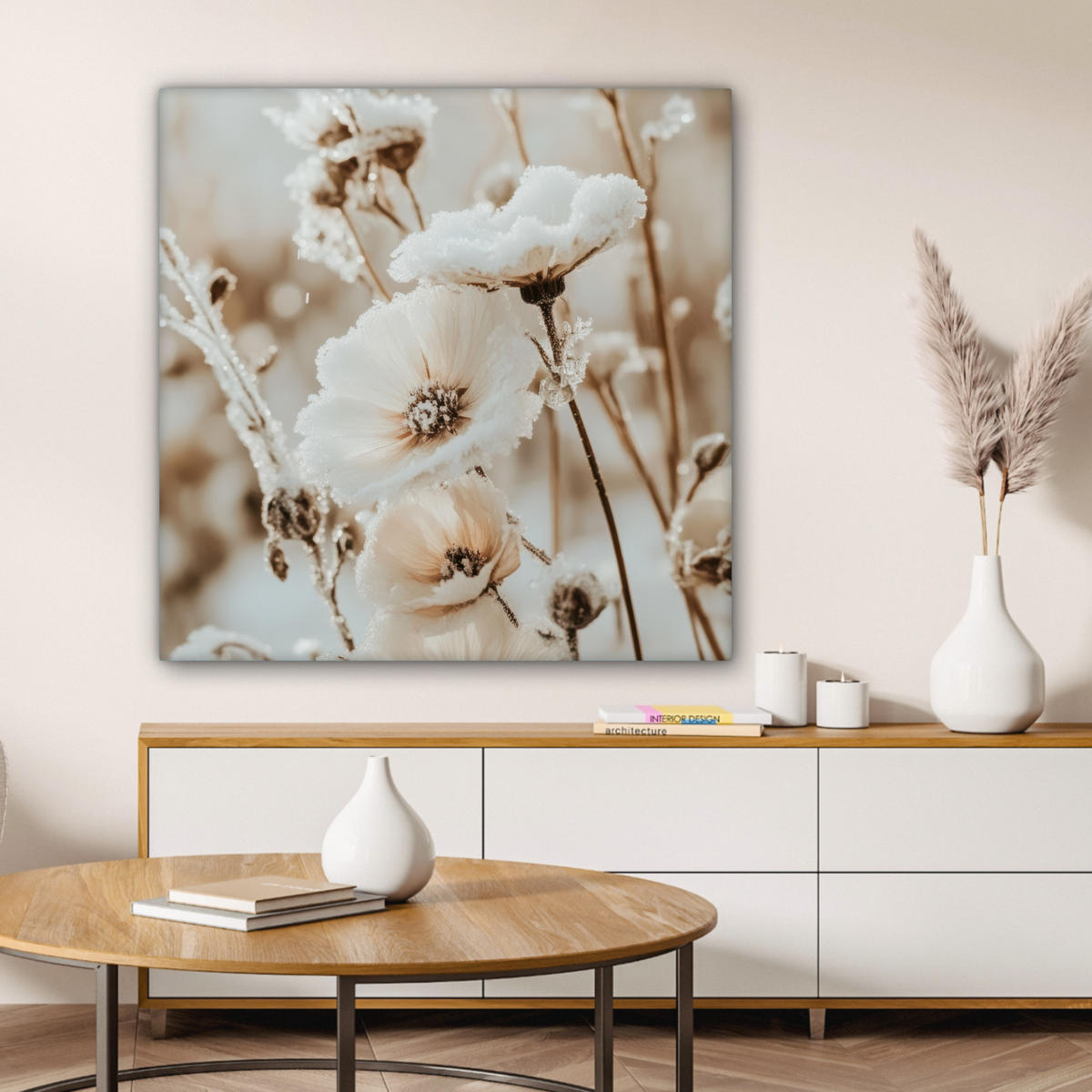 LEINWANDBILD Blumen - Winter - Weiß - Schnee - Beige 90x90 cm - Creme, Textil (90/90cm) - MuchoWow