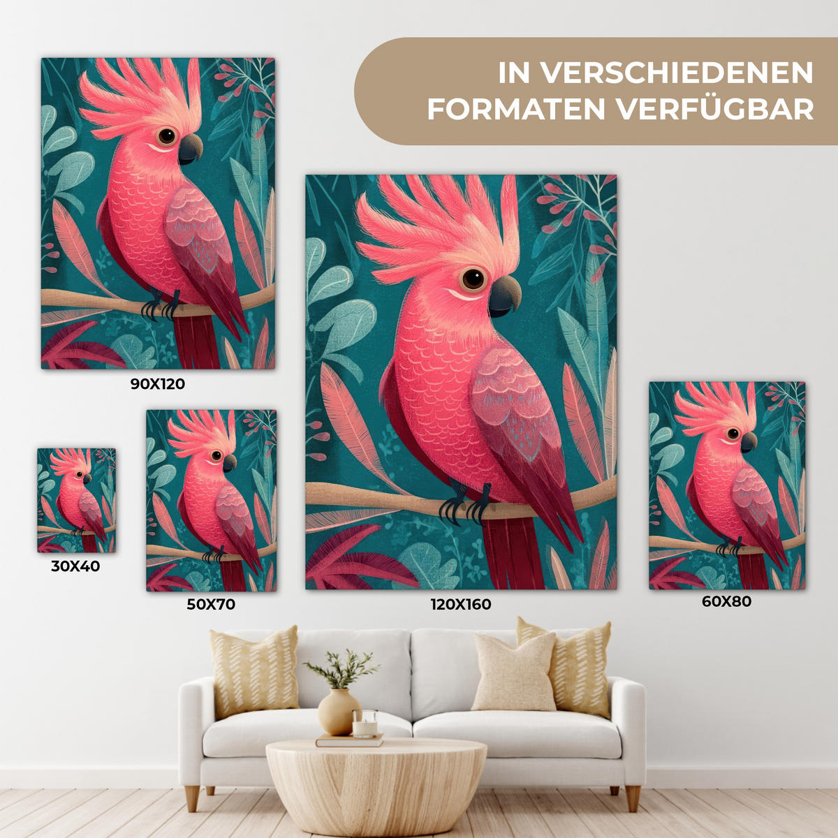 LEINWANDBILD Kakadu - Tropische Blätter - Zweig Wandbild Wohnzimmer 60x80 cm - Petrol, Textil (60/80cm) - MuchoWow