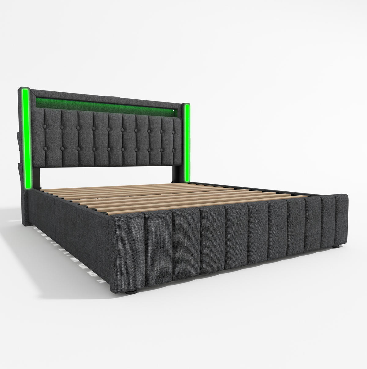 TAPECIRANI krevet od lanene tkanine 160x200 cm sivi s LED rasvjetom, USB-C priključkom, 4 ladice i madracem - siva, tekstil (160/200cm) - Modfu