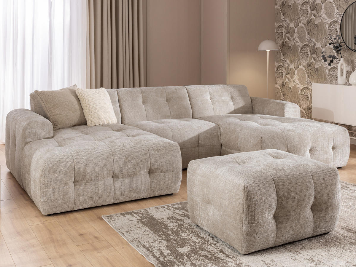 POLSTERHOCKER mit raffinierten Steppungen, zu passendem Sofa, Wellenunterfederung, Chenille-Bezug Sand Grau / 21054 - Sandfarben/Greige, Kunststoff/Textil (87/46/68cm) - luma-home