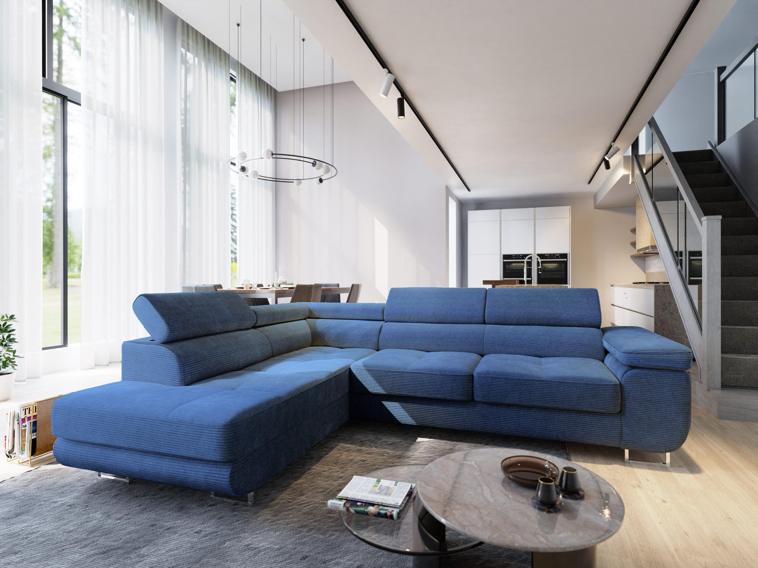 ECKSOFA APIRO L-S Blau Kordstoff mit Schlaffunktion - Blau, Holz (276/202cm) - MASSENO