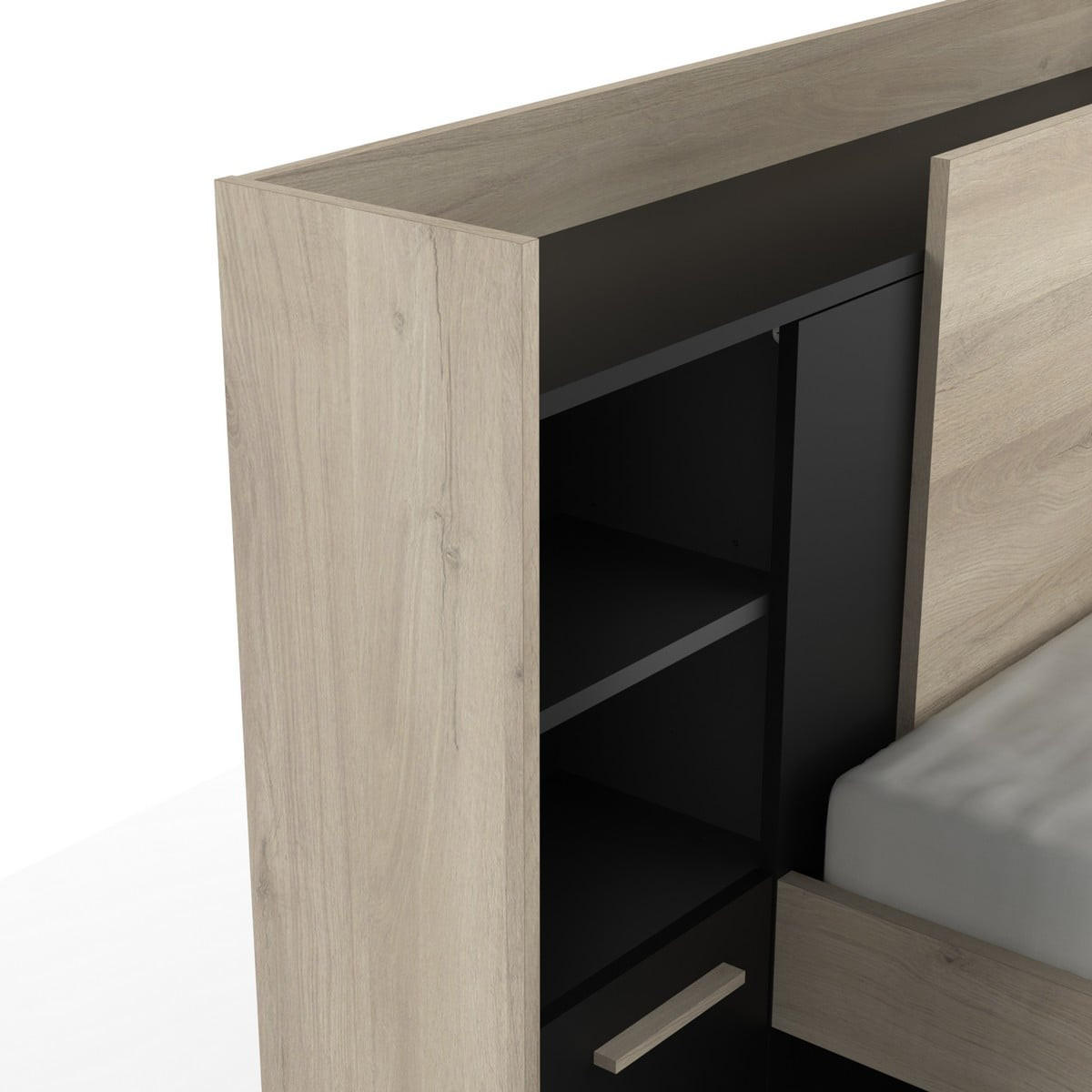 BETT in 90x190/200 cm 1 Schublade und 1 Nische - L124,5 cm - Eichefarben/Schwarz, Holzwerkstoff (190/90cm) - Calicosy