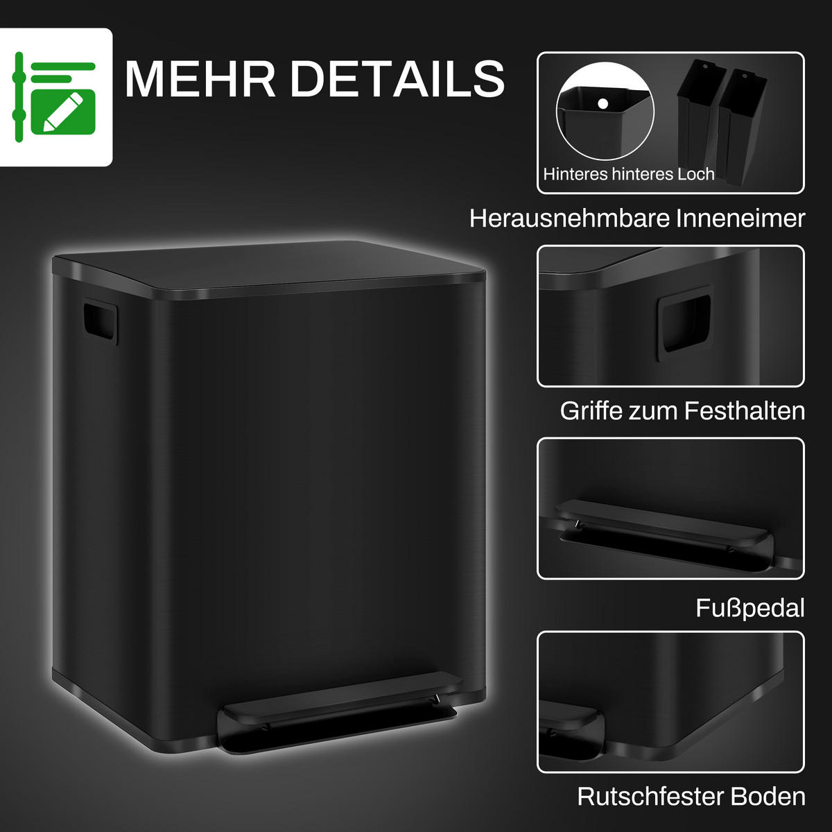 MÜLLEIMER 2 x 25L - Schwarz, Metall (37.5/56/47.7cm) - HOMCOM