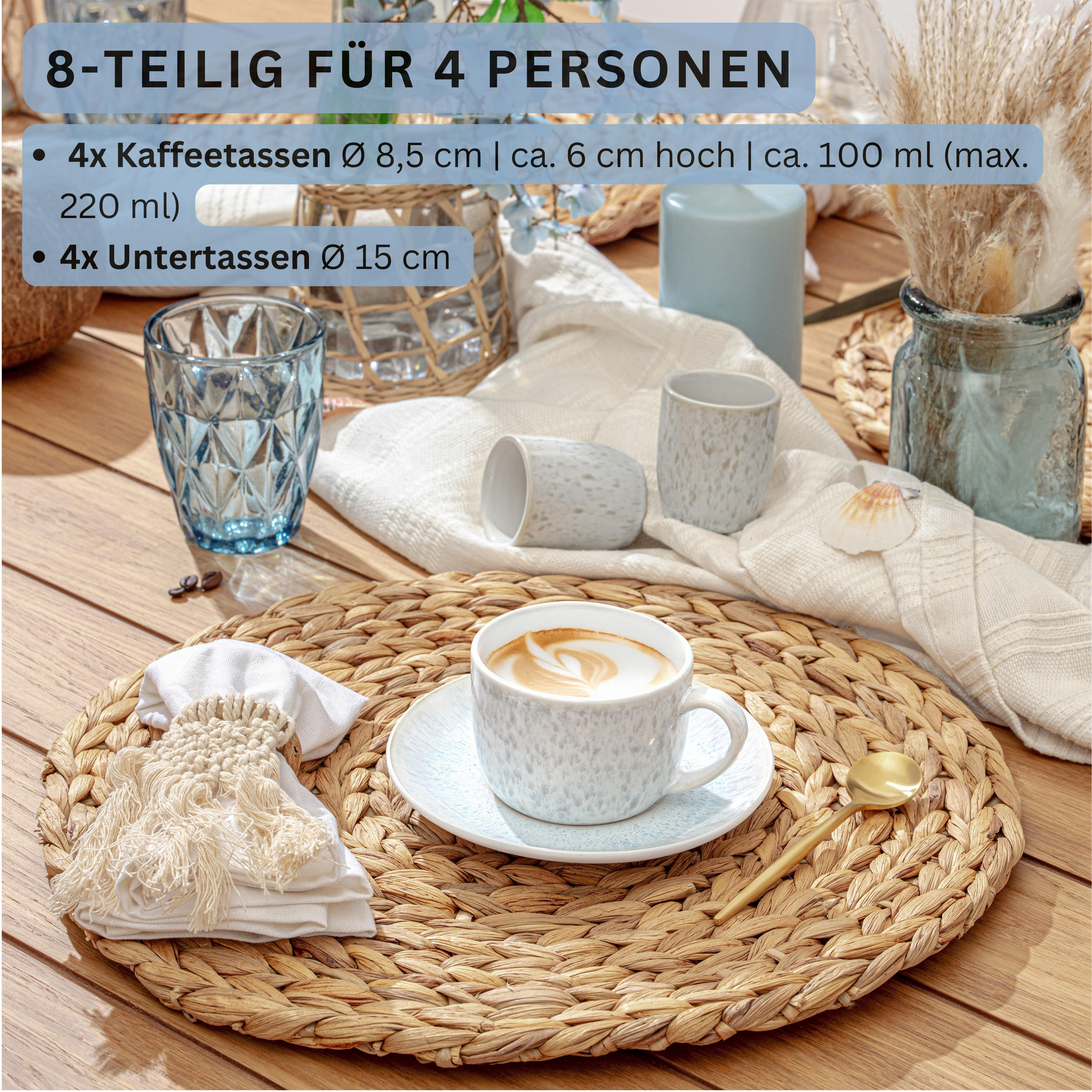 KAFFEETASSEN SET SANTORINI - 8 teilig aus Steingut - Creme, Keramik (29/25/28cm) - Sänger