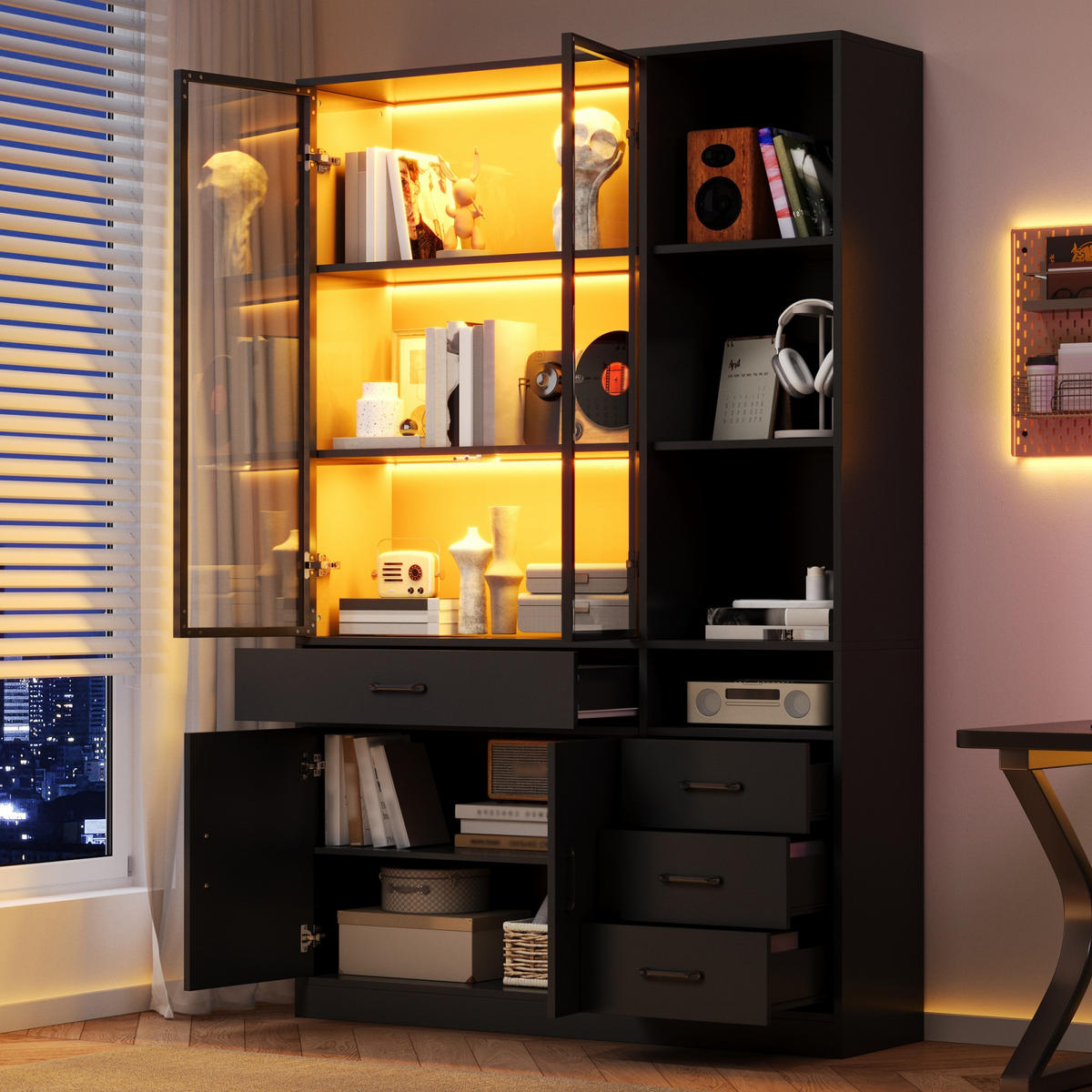 VITRINE in Schwarz Hochschrank mit Glasvitrine, Schubladen und LED, 120/35/200cm, für Esszimmer und Wohnzimmer - Transparent/Schwarz, Glas/Holzwerkstoff (120/200/35cm) - STILVORA