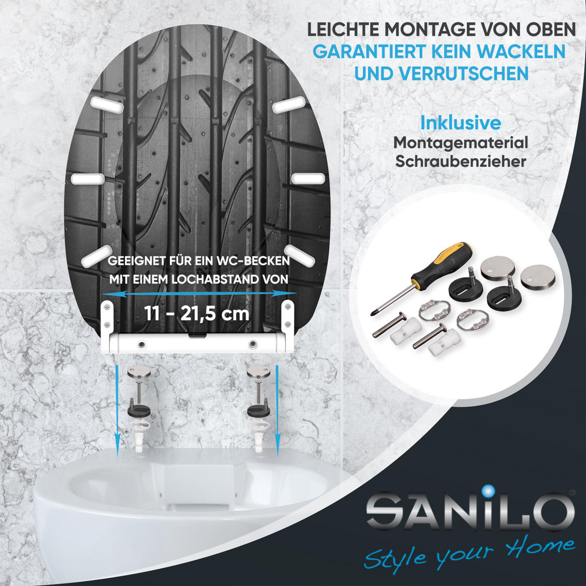 WC-SITZ mit Absenkautomatik & Top Fix Tyre - Grau, Holzwerkstoff (37.7/5.5/48cm) - Sanilo