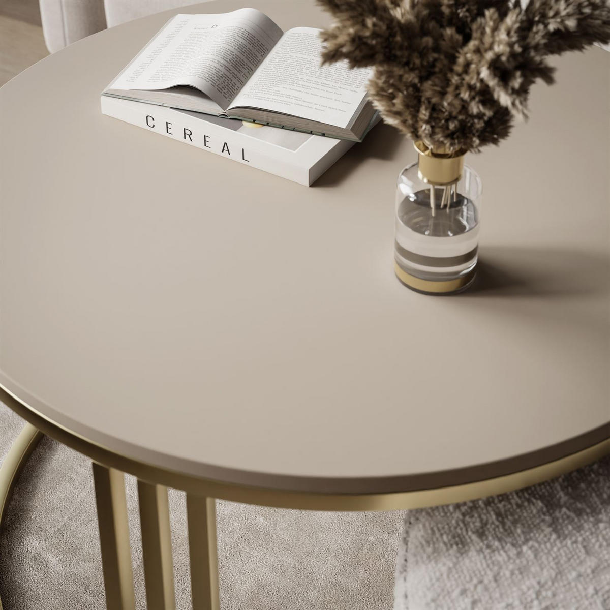 COUCHTISCH mit Hocker LORI MAT gebürstetes Gold/Kaschmir matt/Coral 65 - Kaschmir, Metall (70/70/49cm) - Lookway