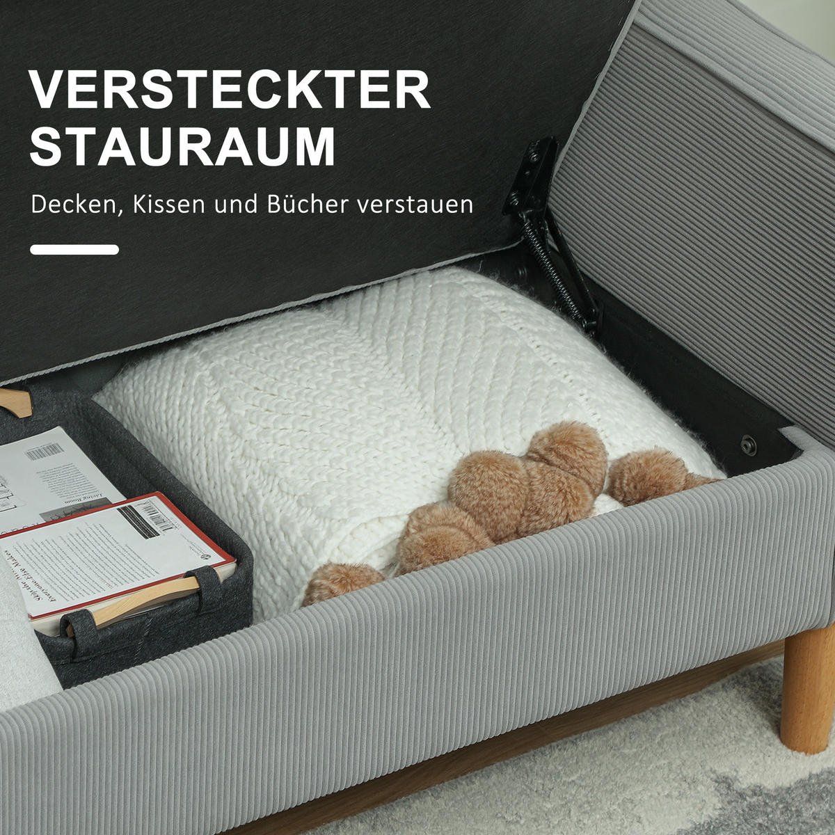 SOFA 2 Sitzer klein Couch mit Armlehne, Stauraum für Wohnzimmer, Hellgrau - Hellgrau/Naturfarben, Holz/Textil (63/79/117cm) - HOMCOM