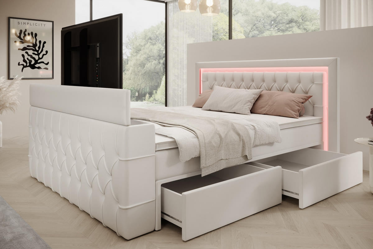 BOXSPRINGBETT Arosa TV mit Schubladen und Topper, TV-Lift, LED Beleuchtung, Kunstleder, 180x200 cm, Weiß - Weiß, Holz - PROMETO Möbel