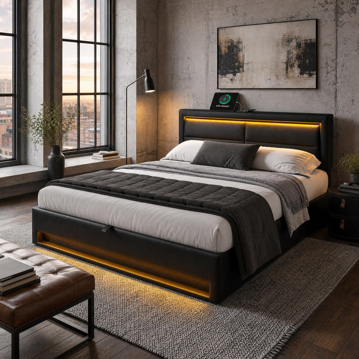 POLSTERBETT 140/190 mit Stauraum, LED und USB für kabelloses und kabelgebundenes Laden in Schwarz - Schwarz, Holzwerkstoff/Textil (140/190cm) - EVRYAE