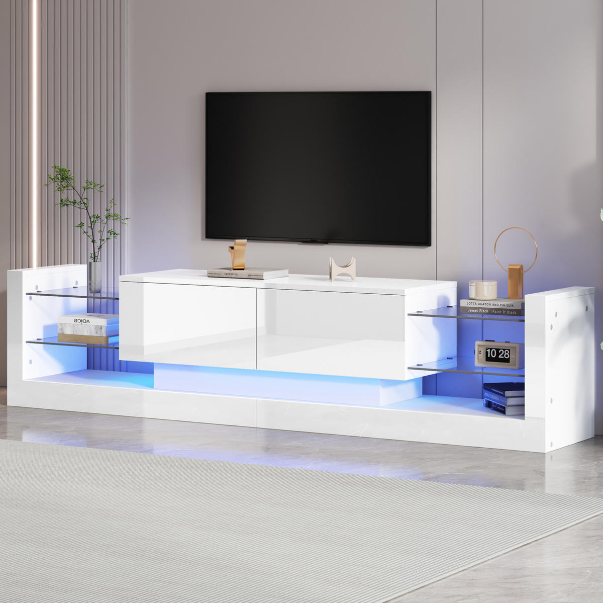 LOWBOARD 181/38/38 cm Weiß aus Spanplatte mit Hochglanzfront, Glasfront und LED-Beleuchtung - Weiß, Holzwerkstoff (38/38/181cm) - OKMYHOME