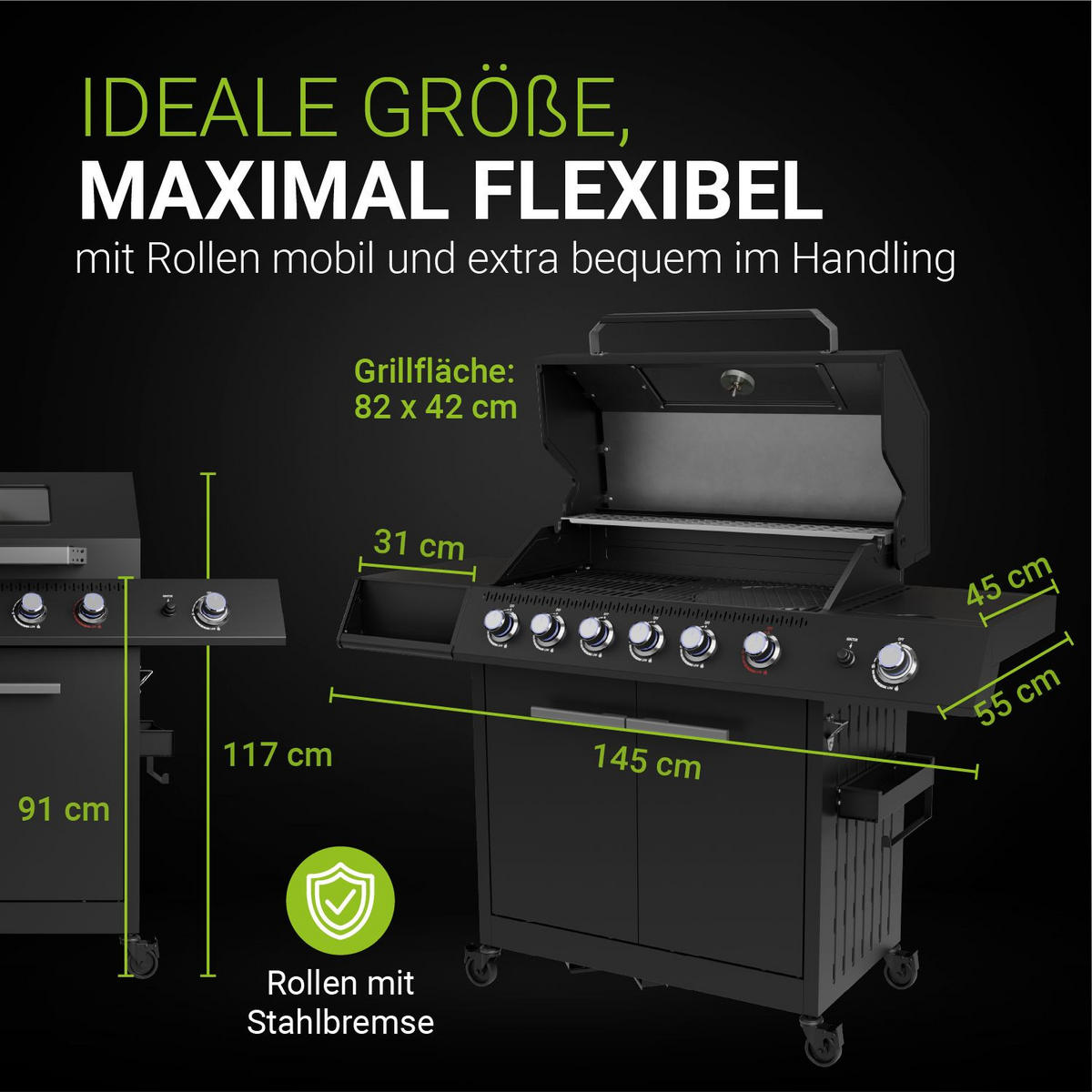 GASGRILL Tennessee Schwarz 6+1 - Schwarz, Metall (145/117/55cm) - Juskys
