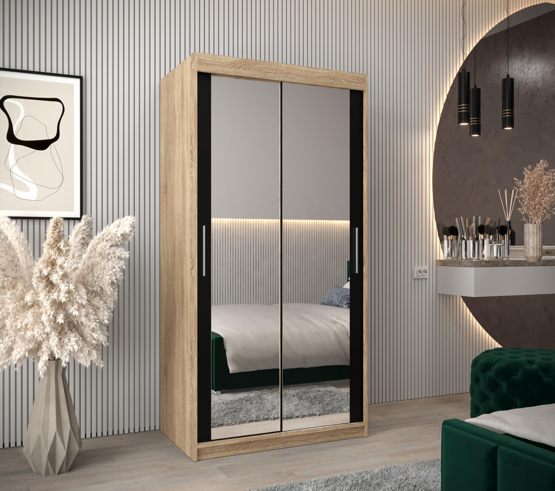 SCHWEBETÜRENSCHRANK 200/100/62 2-türig - Silberfarben/Schwarz, Holz/Kunststoff (100/200/62cm) - Abiks Möbel