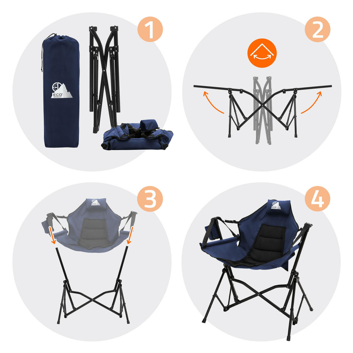 CAMPINGSTUHL faltbar Schaukelstuhl bis 150 kg Angelstuhl Outdoor Blau mit Stahlgestell - Blau, Textil/Metall (105/107/82cm) - ECD-Germany