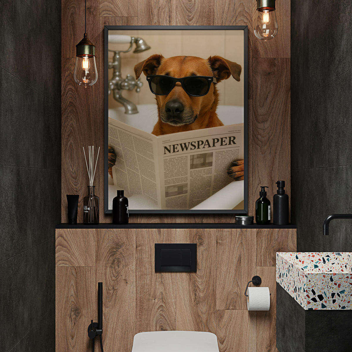 POSTER für WC Badezimmer HUND in Badewanne Retro Zeitung Abstraktion 30x40cm - Beige/Schwarz, Papier (30/40/40cm) - Muralo