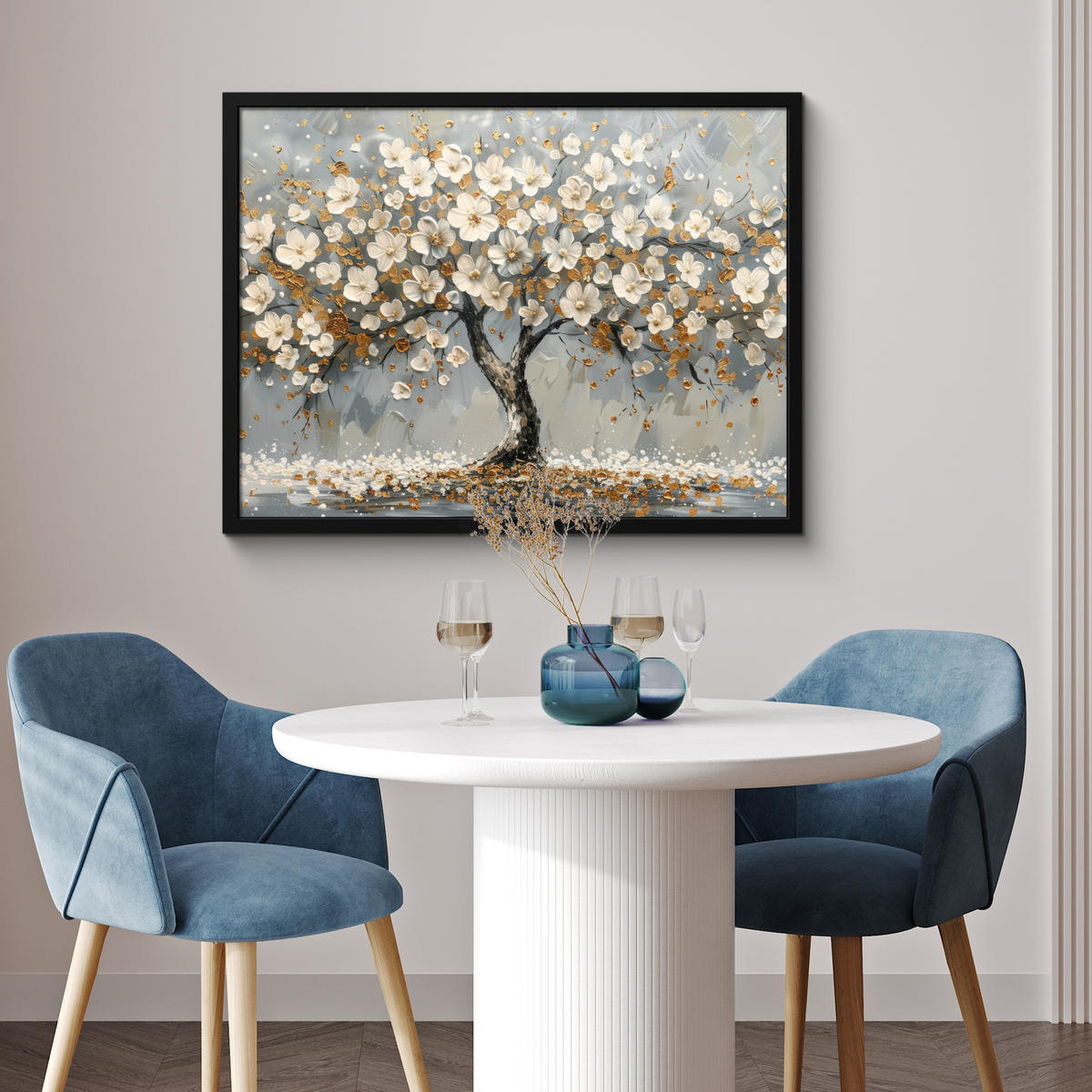 POSTER MIT RAHMEN Baum - Blumen - Weiß - Natur - Kunst 80x60 cm - Weiß, Papier (80/60cm) - MuchoWow