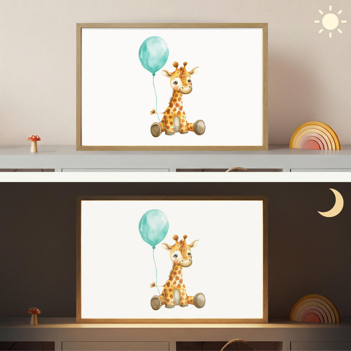WANDLEUCHTE MIT AKKU Giraffe - Baby - Tiere - Blauer Ballon 60x40 cm - Weiß, Holzwerkstoff (60/40/8cm) - OnlyWow