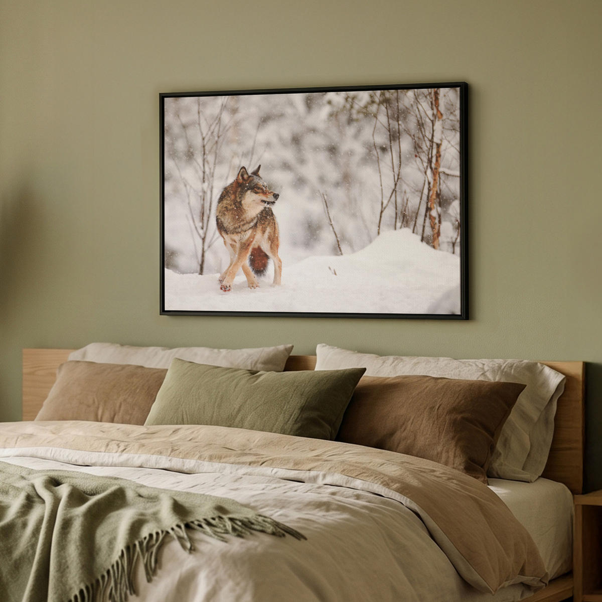 LEINWAND Bilder mit Rahmen - Wolf - Winter - Schnee - Natur - Tiere - 70x50 - Haselnussfarben, Textil (70/50cm) - MuchoWow