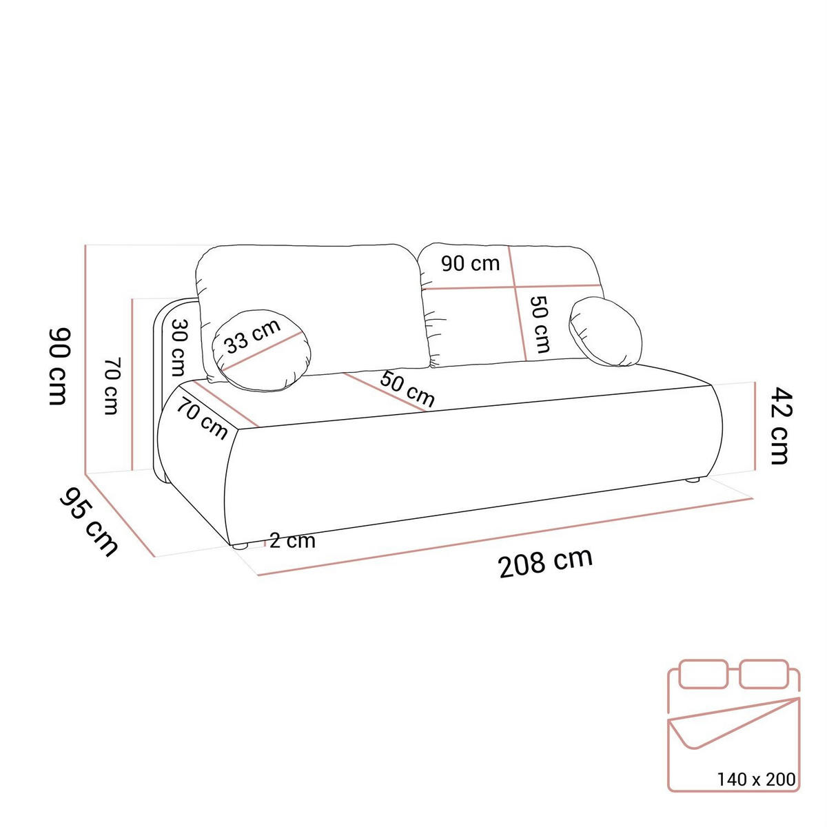 Schlafsofa CLAIRE, zweisitzig, mit Schlaffunktion, Neve 16 - Taupe, Textil (208/90/95cm) - Lookway