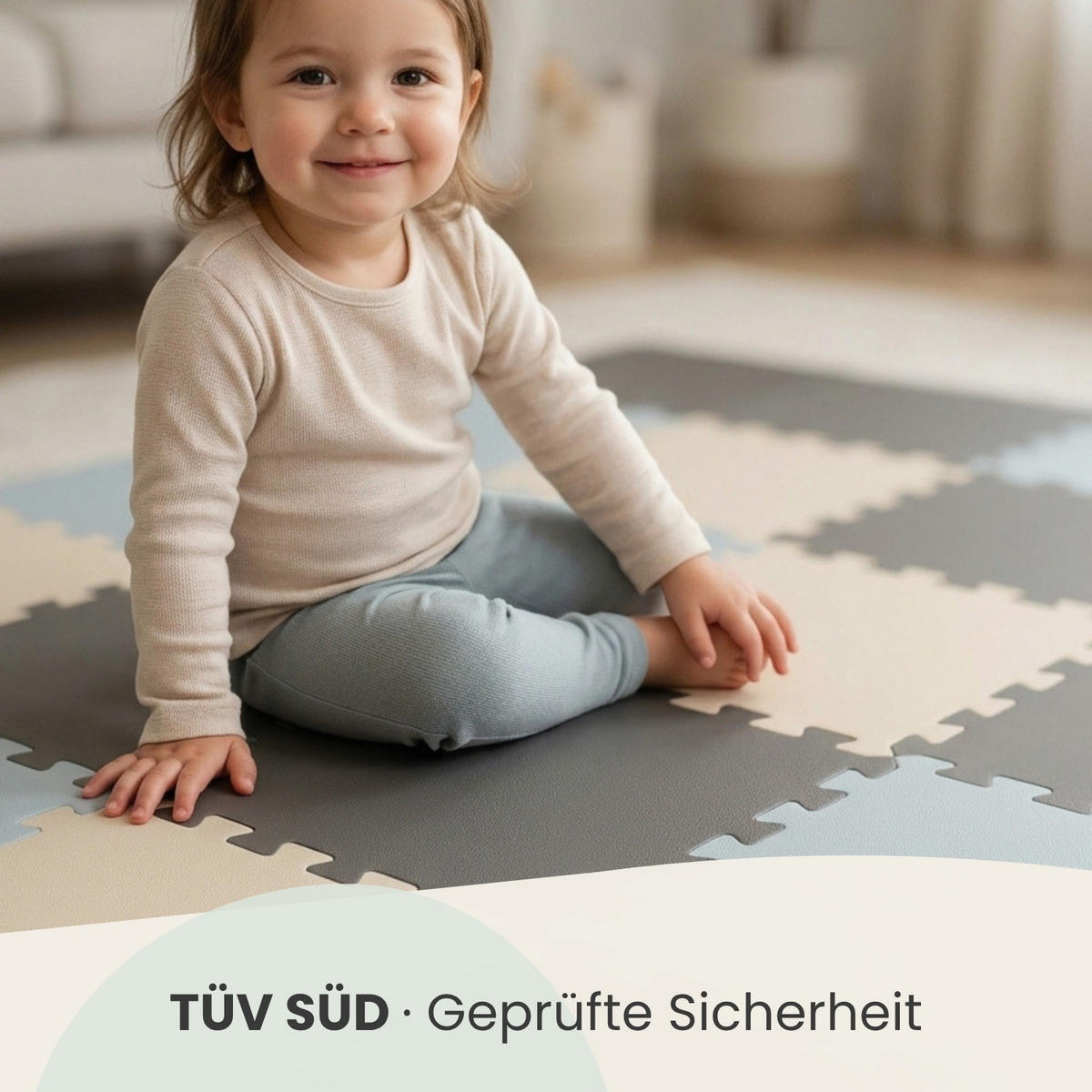 SPIELMATTE mit Rand - 270/90/1 cm Puzzlematte Grau Blau Beige - Grau, Kunststoff (30/30cm) - Littletom