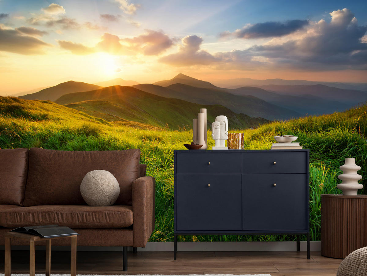 FOTOTAPETE für Wohnzimmer Sonnenuntergang Berge Wiese Gras 400x280 - Gelb/Beige, Papier (400/280cm) - Muralo