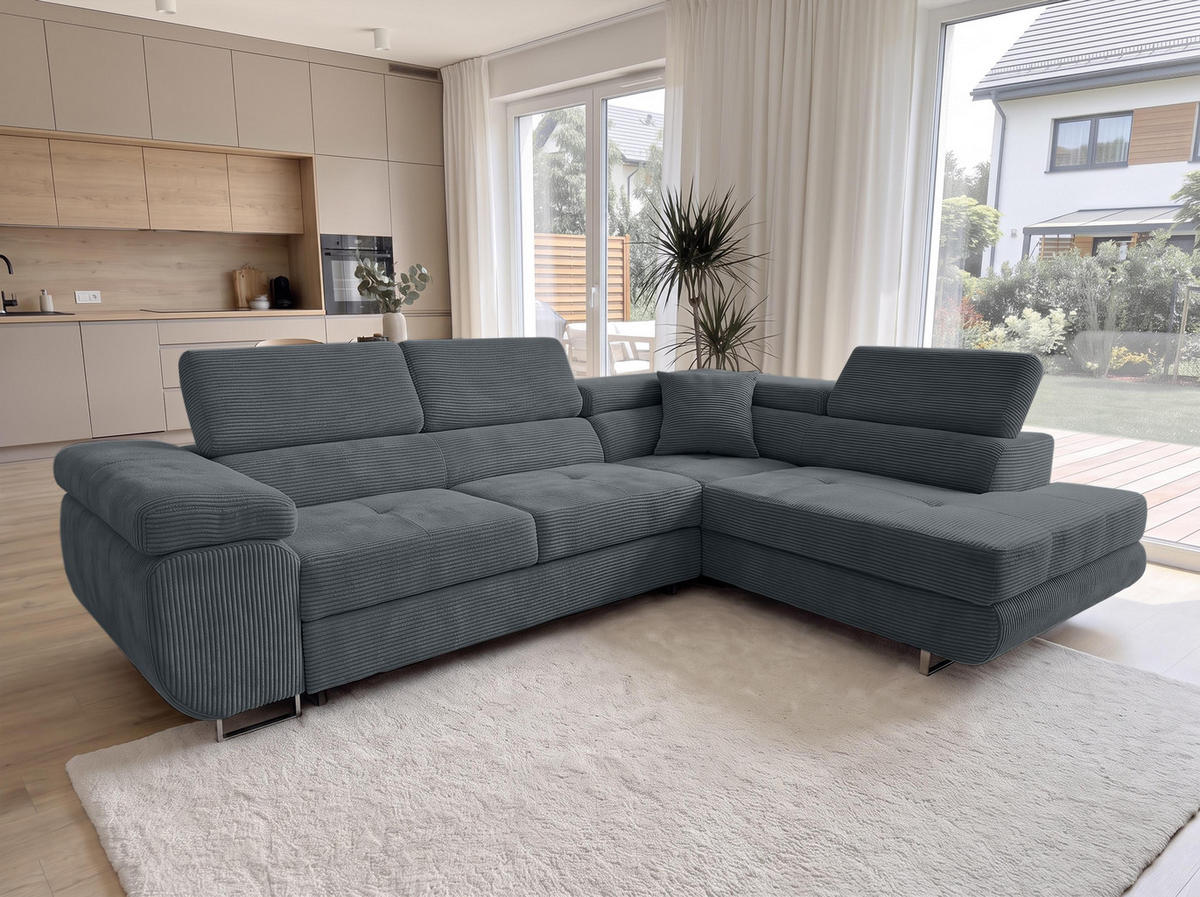 ECKSOFA L Form Konak Dunkelgrau 276/201/90 cm Rechts mit Schlaffunktion - Dunkelgrau/Silberfarben, Textil/Metall (276/203cm) - AX Living