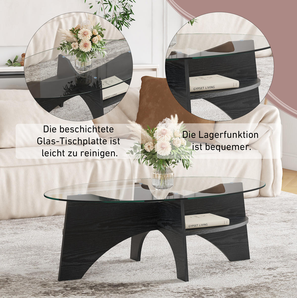 COUCHTISCH oval 104,9 x 60 cm Glas MDF in Schwarz Holzoptik - Schwarz, Glas (104.9/60/35.6cm) - Meubliv