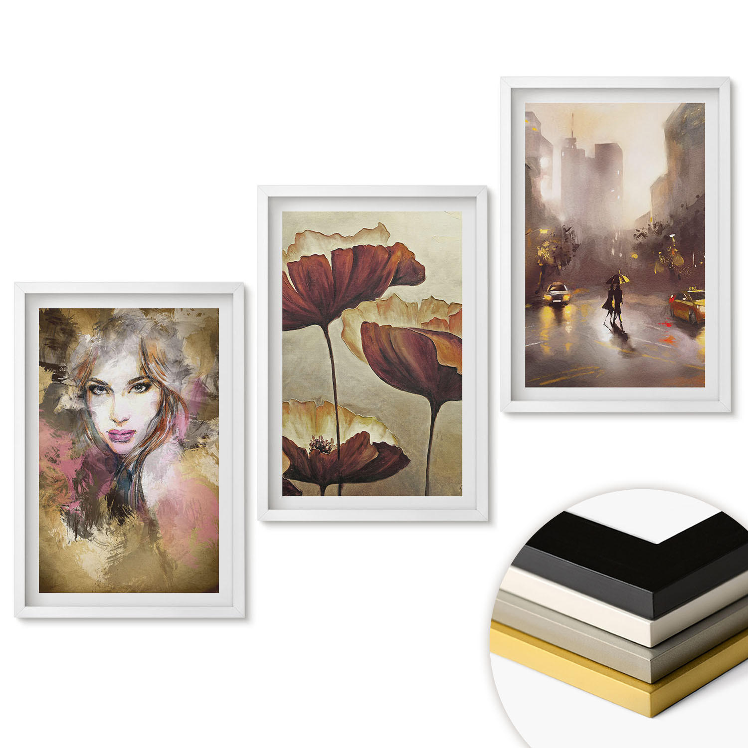WANDBILDER 3er-Set - 40x60 cm Weißer Rahmen - Abstraktes Porträt einer Frau mit Blumen und Regen - Weiß, Kunststoff (40/60cm) - ArtPrintCave
