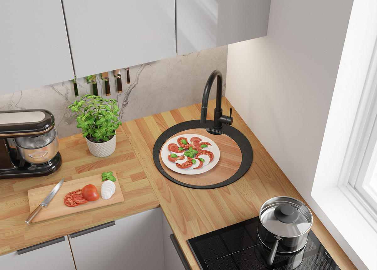 SPÜLBECKEN RUND Pisa, 2-er set Anthrazit 50/50 cm 1 Becken + Ablauf-Set + Schneidebrett ab 45er Unterschrank - Chromfarben/Anthrazit, Kunststoff (50/20/50cm) - Primagran