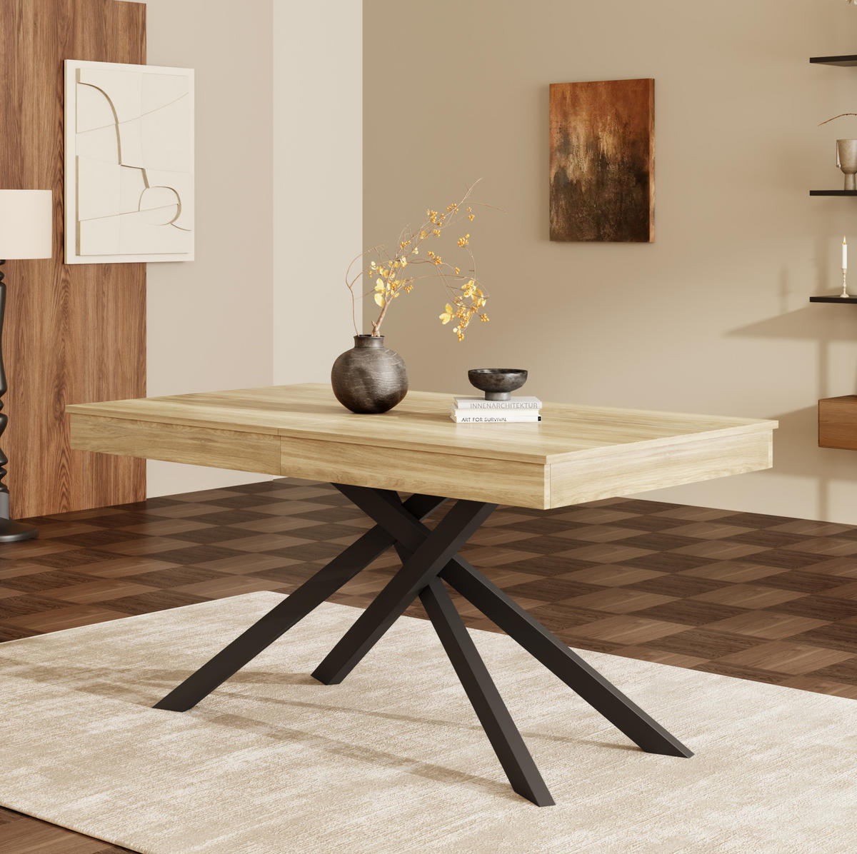 RAZVLAČNI blagovaonski stol 140–180/80 cm za 6–8 osoba, MDF ploča i križne metalne noge, Hrast - boje hrasta, drvni materijal (180/80/76cm) - Redom