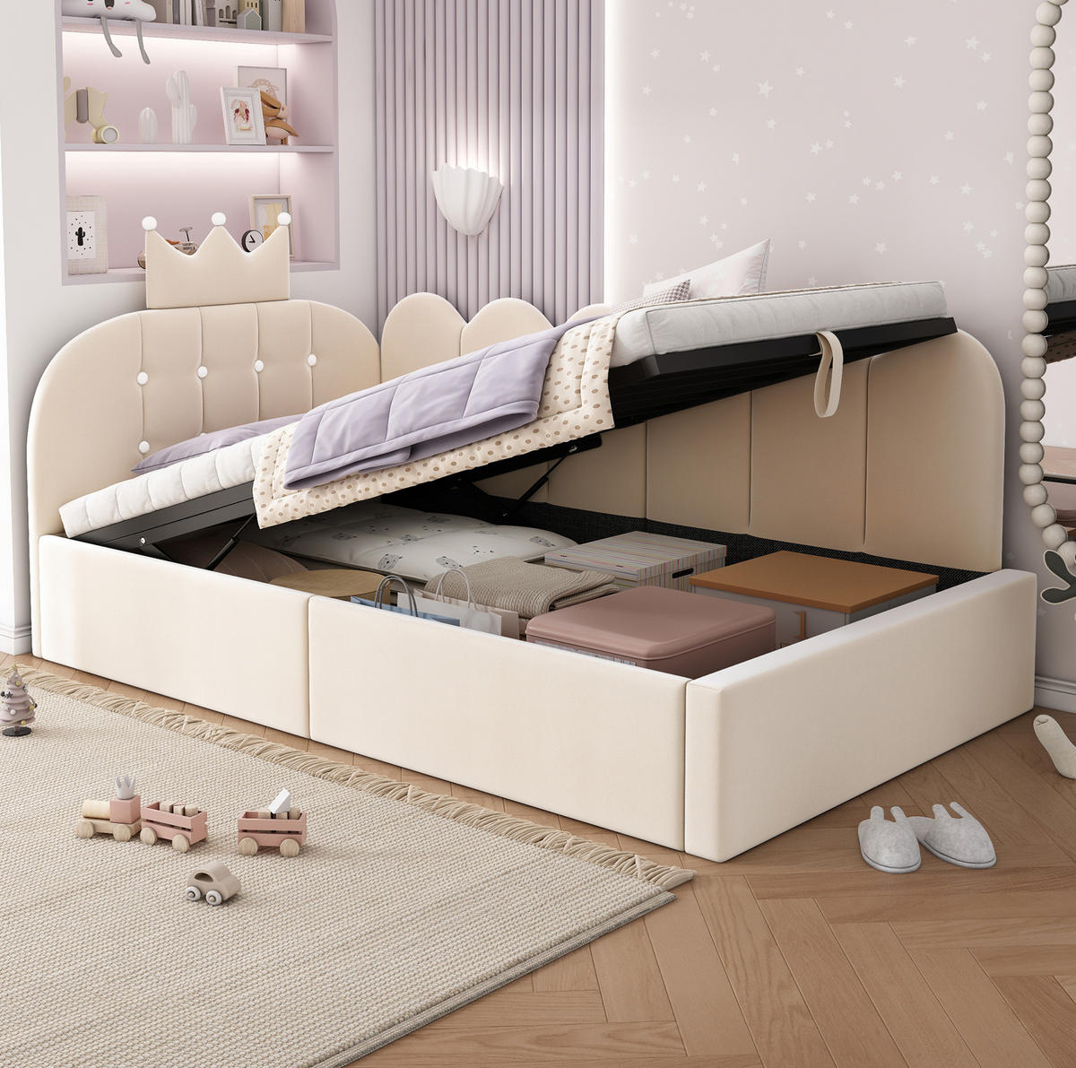 POLSTERBETT 90/200 cm in Beige mit Stauraum und Kronen-Design - Beige, Textil (90/200cm) - Flora Grace