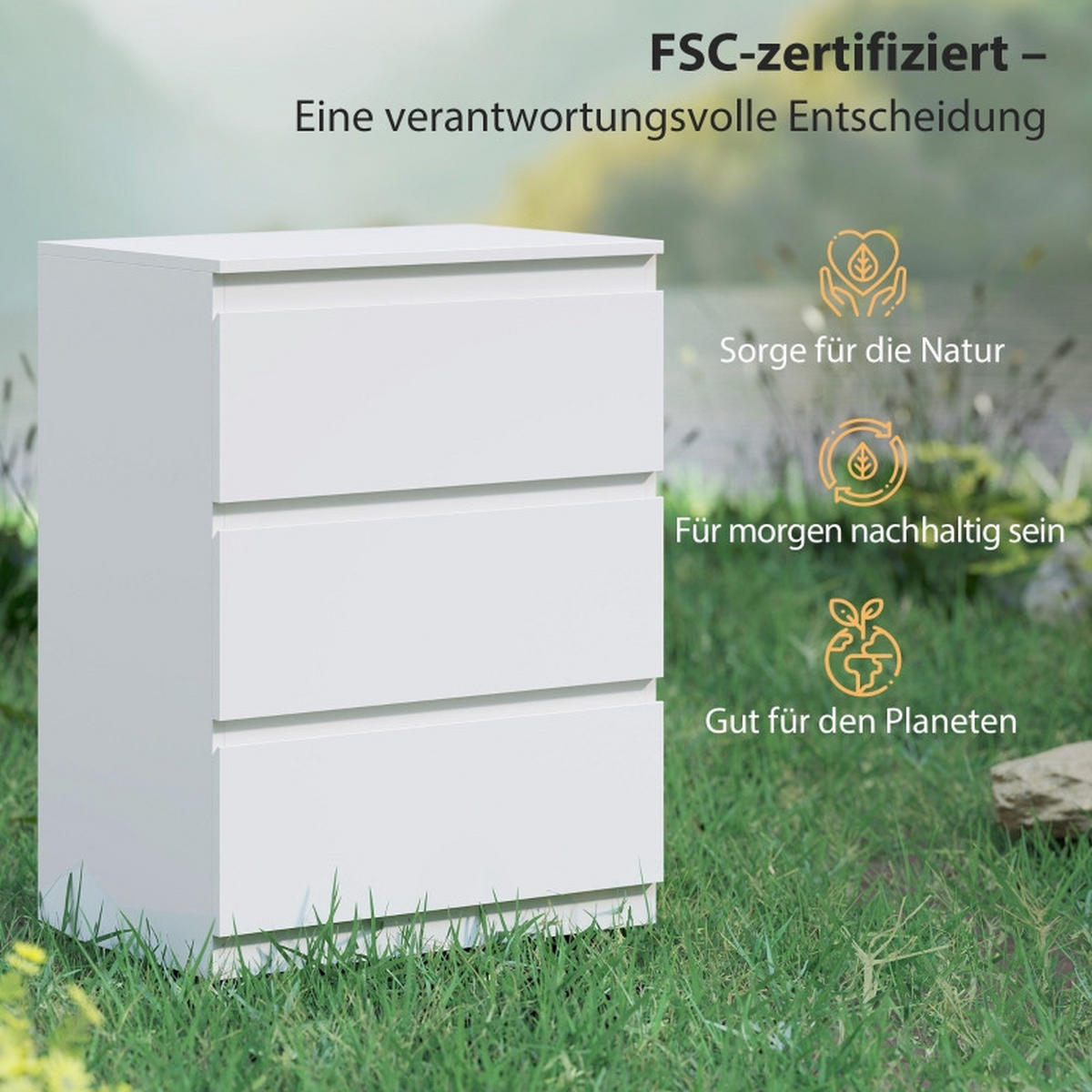 KOMMODE Weiß 60x79x40 cm mit 3 Schubladen - Weiß, Holz (40/79/60cm) - Kaket