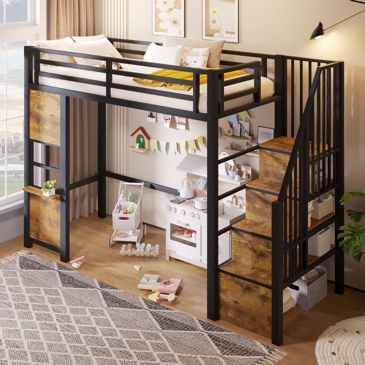 HOCHBETT 90/200 cm Schwarz mit Stauraumtreppe und offener Stauraum - Schwarz, Metall (90/200cm) - Oxeza