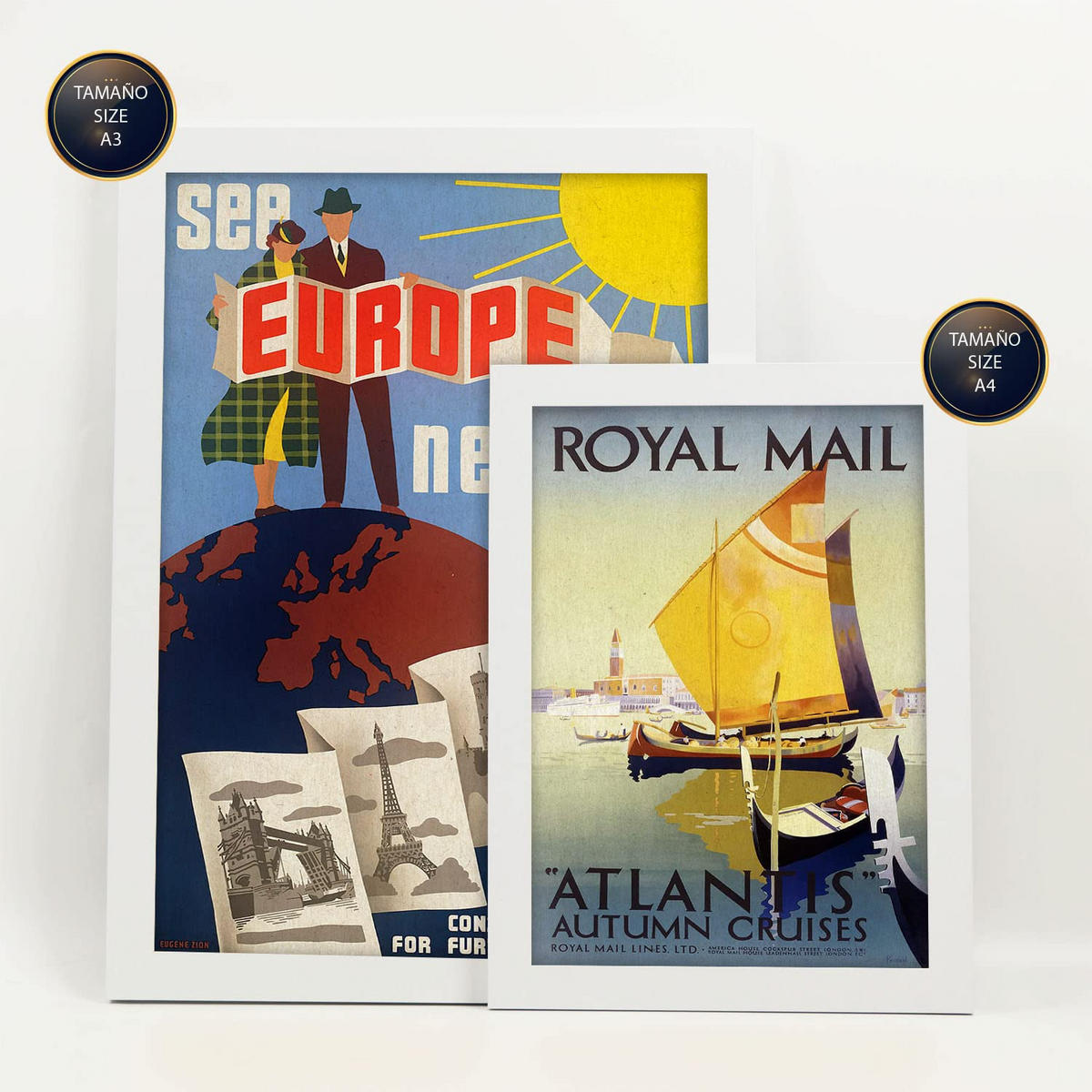 POSTER Set Mit 6 Vintage Europa Ästhetik Größe A3 & A4 Weißer Rahmen - Weiß, Papier (29.7/1cm) - Nacnic