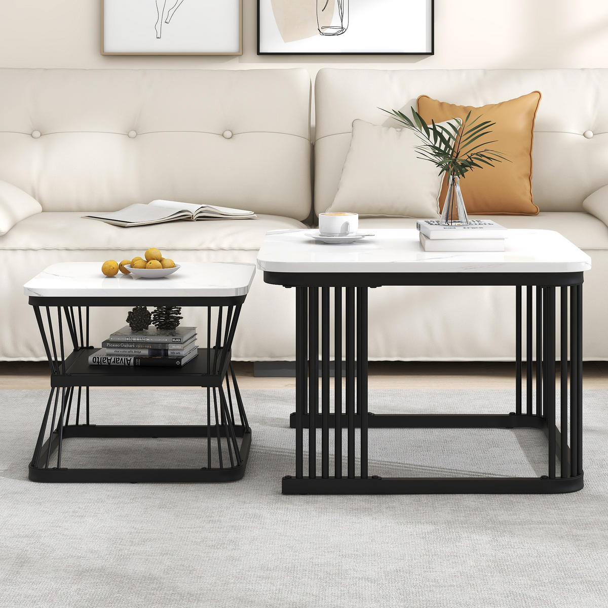 COUCHTISCH in Weiß und Schwarz mit Tischplatte in Marmoroptik für Wohnzimmer, B65/T65/H45 cm - Schwarz/Weiß, Holzwerkstoff/Kunststoff (65/65/45cm) - STILVORA
