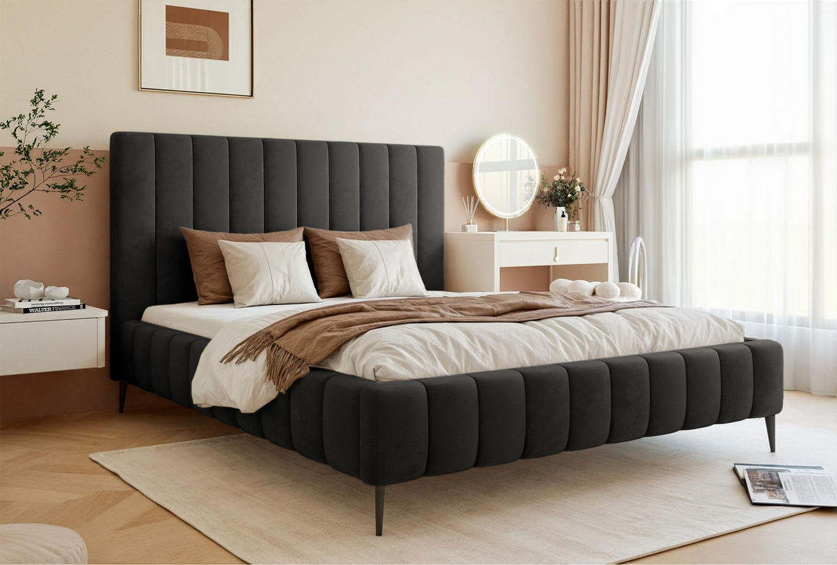 POLSTERBETT Fiarro mit Metallfüßen, Dunkelgrau, Velours, 140x200 cm - Dunkelgrau, Textil/Metall (140/200cm) - Selsey