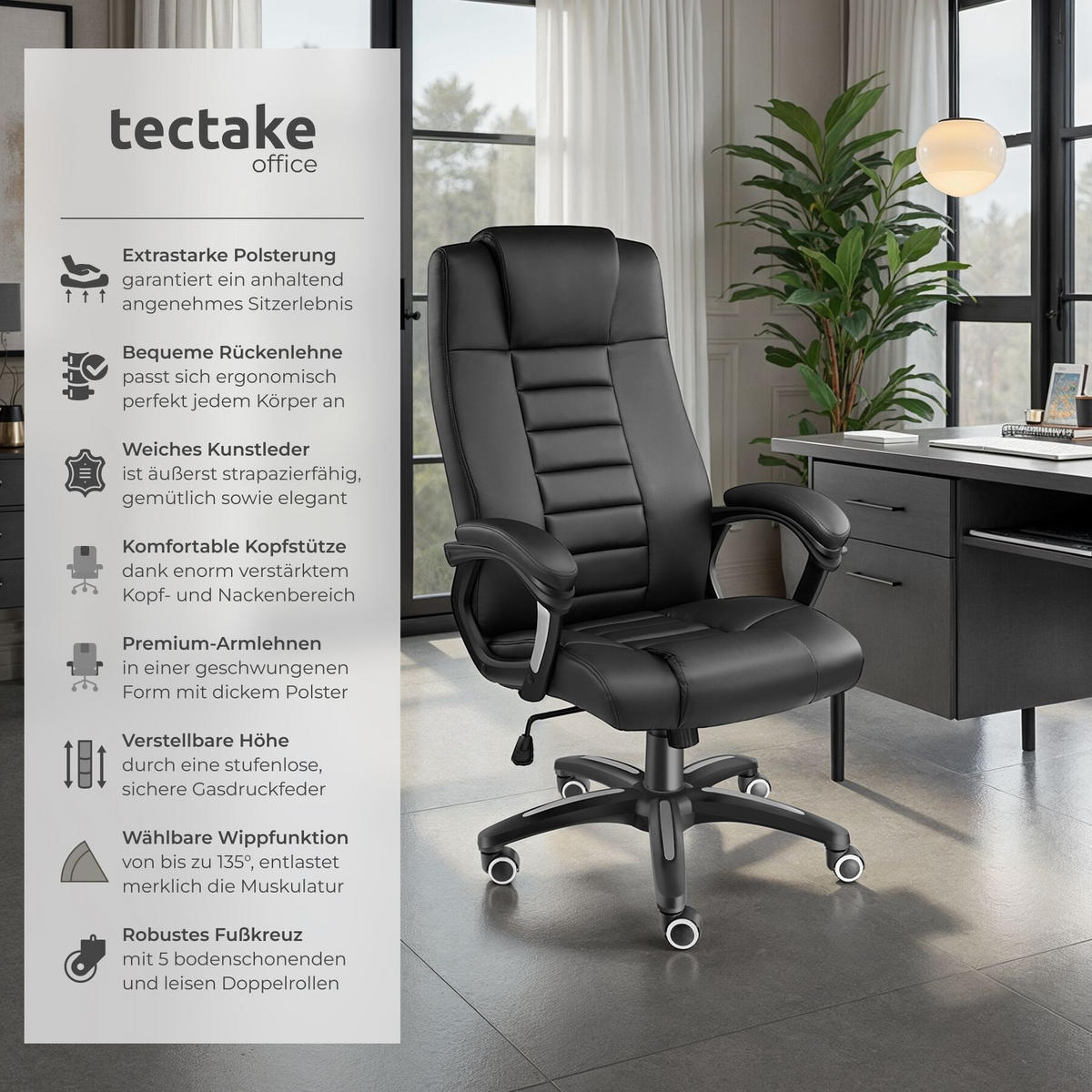 BÜROSTUHL Mafz, einstellbare Wippfunktion, schwarz - Schwarz, Textil (49/50/52cm) - tectake