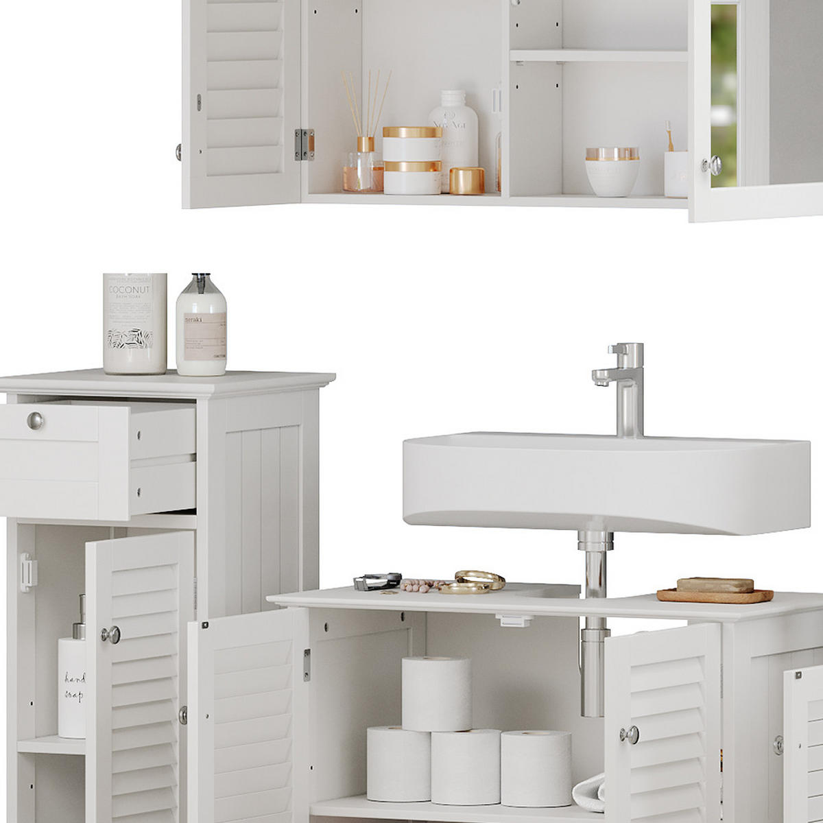 BADMÖBEL-SET Riad Weiß 3 Teile, Option 4 - Weiß, Holzwerkstoff (60/58/35cm) - Vicco
