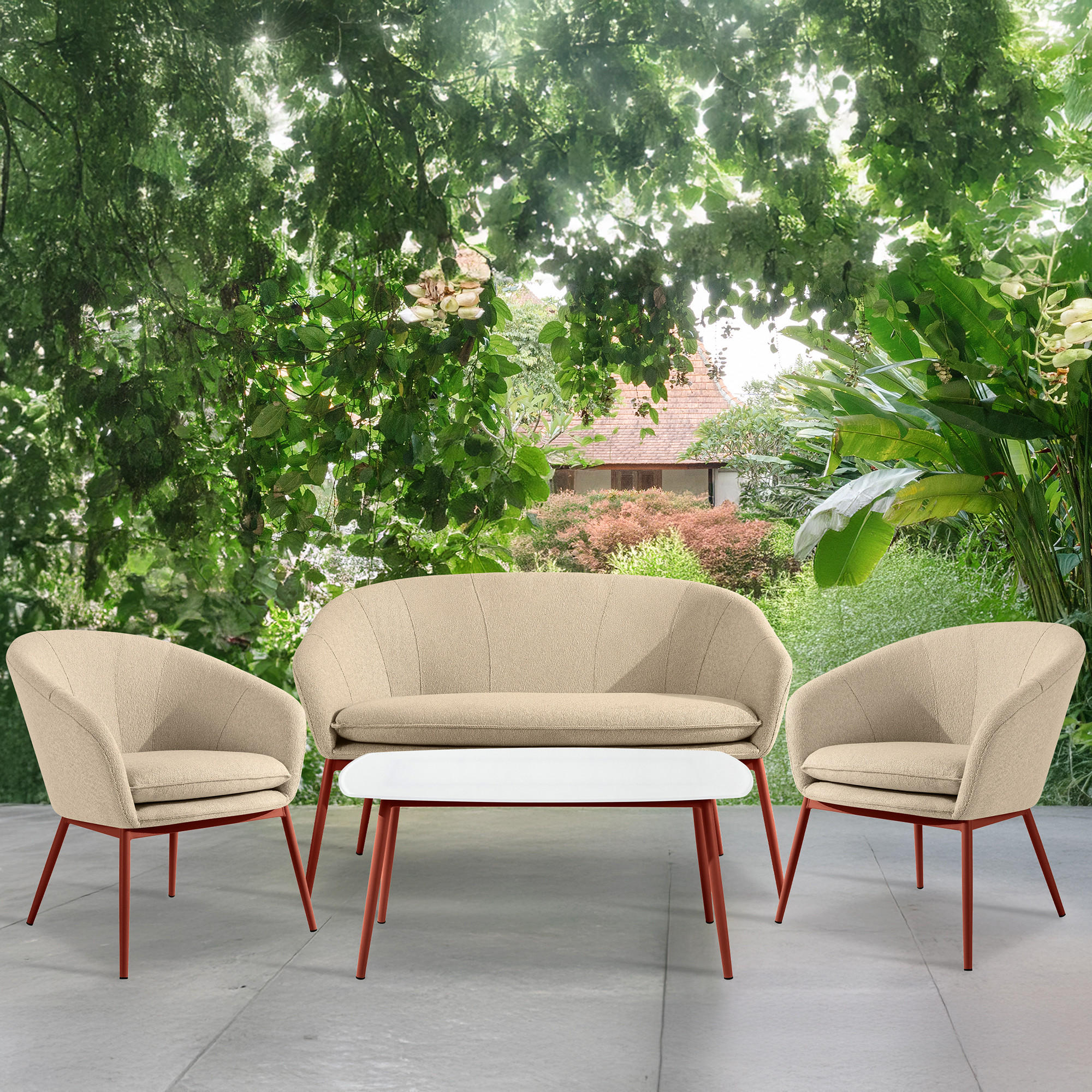 GARTENMÖBELSET SOLIS Gartenlounge-Set, creme/rot - Creme, Textil/Metall - KONSIMO®