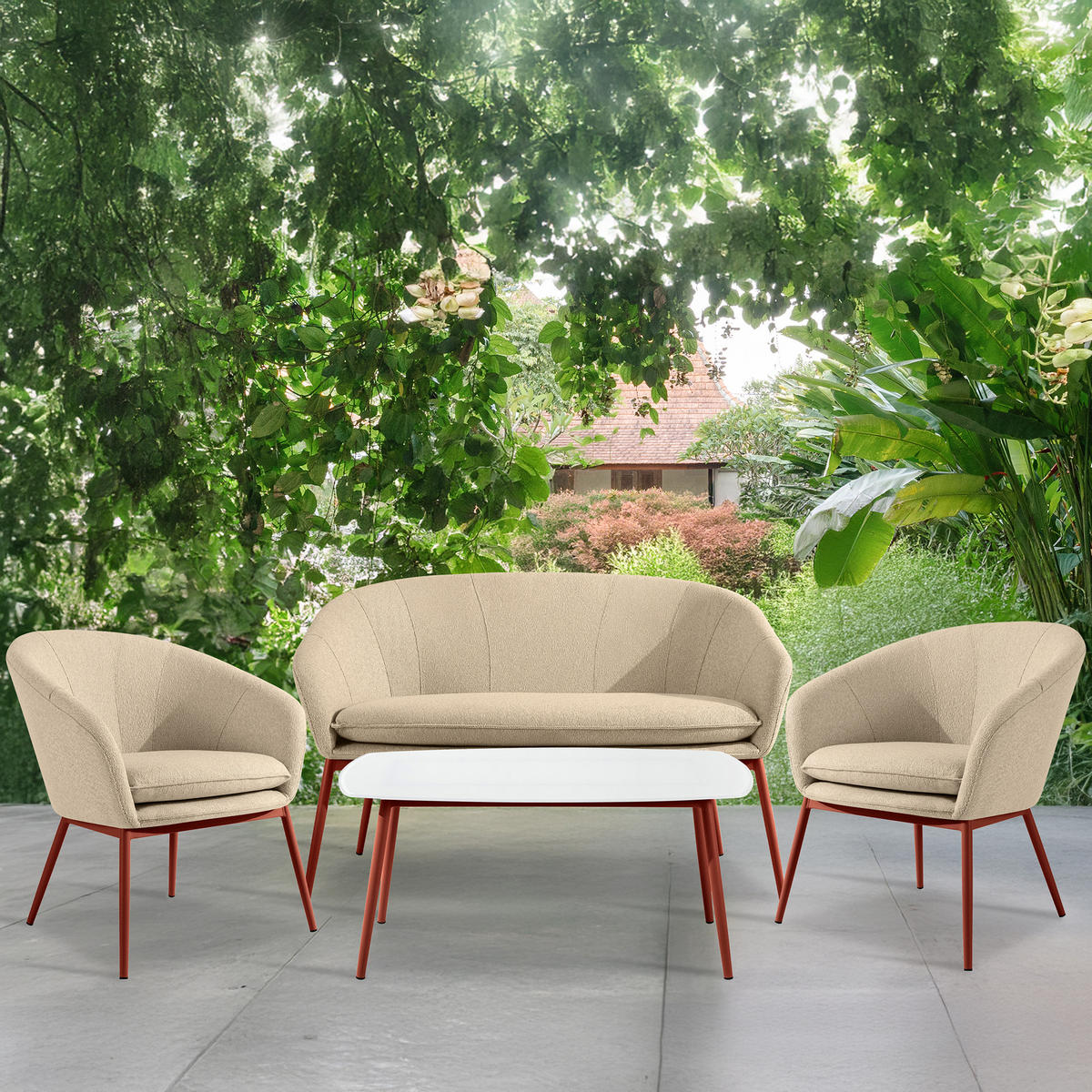 GARTENMÖBELSET SOLIS Gartenlounge-Set, creme/rot - Creme, Textil/Metall - KONSIMO®