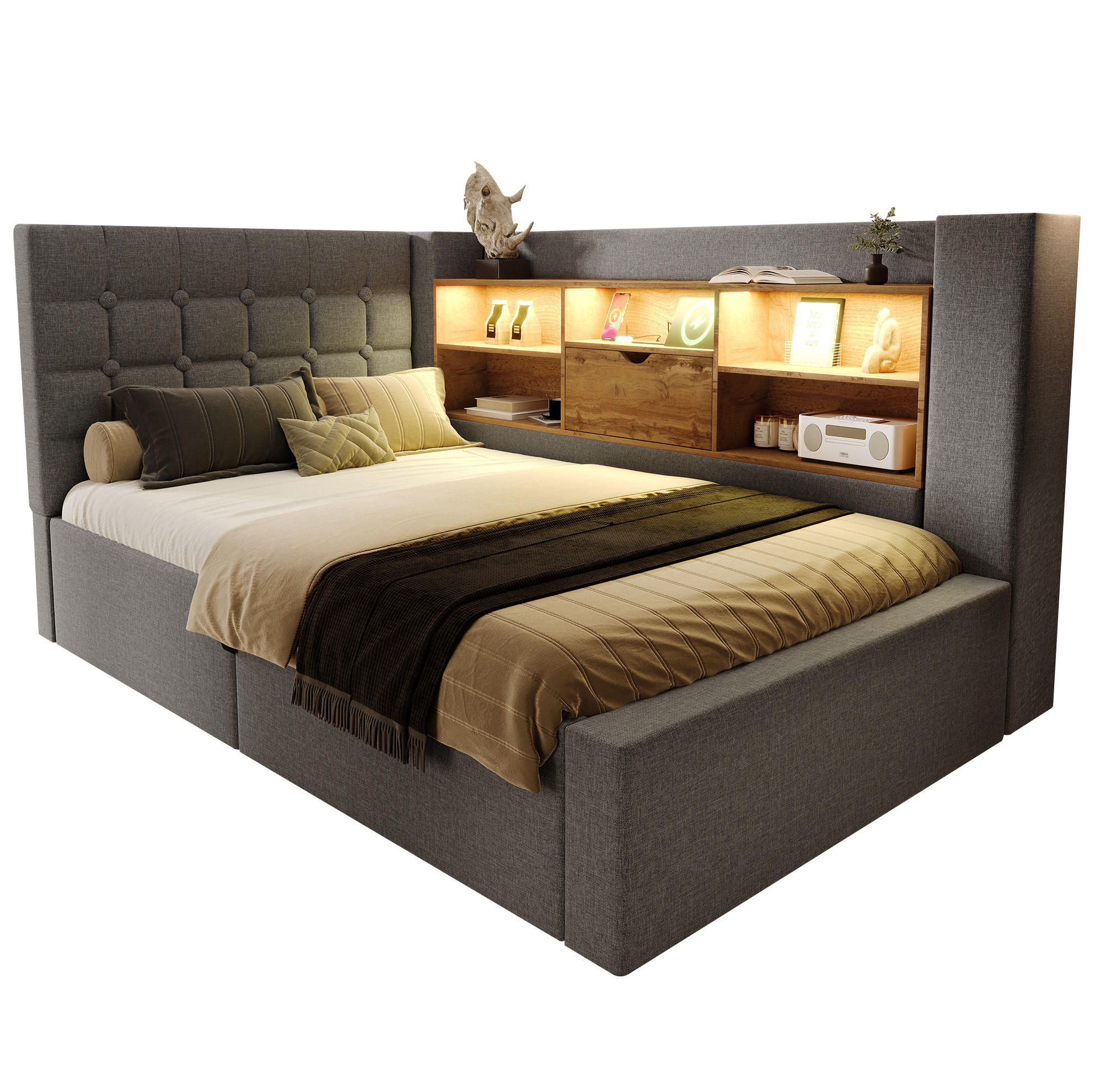 POLSTERBETT 90/200 cm grau aus Leinen mit LED und Stauraum - Grau, Textil (90/200cm) - OKWISH